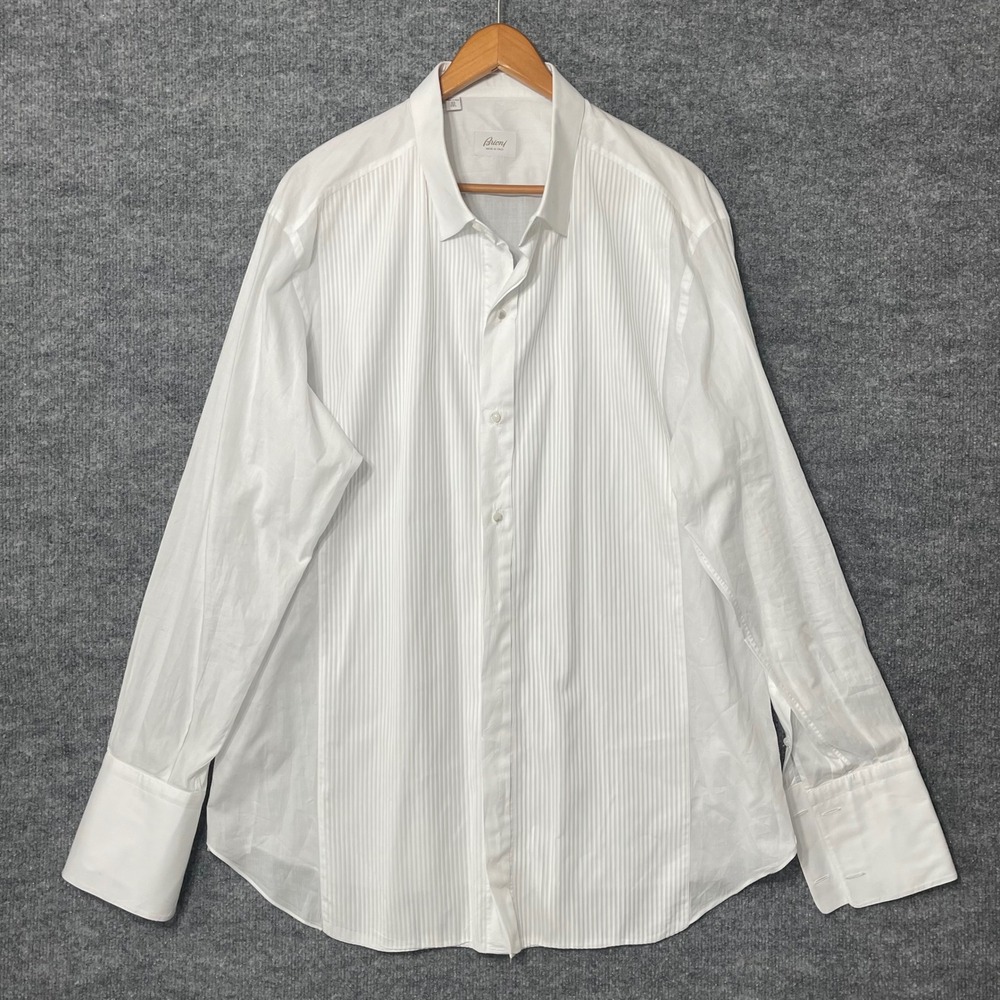 Brioni Men's White‎ Pleated Tuxedo Shirt Made Italy Size 49 19.5 French cuffs